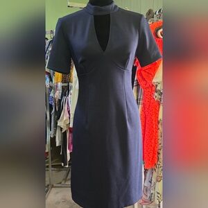 Trina Turk Navy Textured Midi Dress with Keyhole Neck